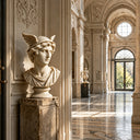 White marble Mercury bust sculpture MM-017 displayed on a console in a luxury residence