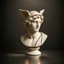 White marble Mercury classical bust sculpture MM-017 with a winged helmet and integrated round base