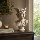 White marble Mercury classical bust sculpture MM-017 with a winged helmet and integrated round base