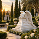 White marble mourning angel monument MM-024 displayed in a landscaped cemetery at sunset