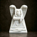 White marble mourning angel monument MM-024 with a bowed pose, carved wings and integrated memorial base