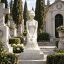 White marble classical mourning female statue in a draped robe holding flowers, placed in a memorial garden with cypress trees, crosses, and white blooms, ideal for cemetery and outdoor memorial decoration.