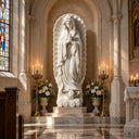 White marble Our Lady of Guadalupe statue MM-025 with praying hands, flowing robes and a radiant mandorla