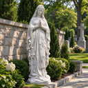 Sculpted from natural white marble, this Our Lady of the Rosary statue features a detailed rosary and is intended for a Catholic memorial garden.
