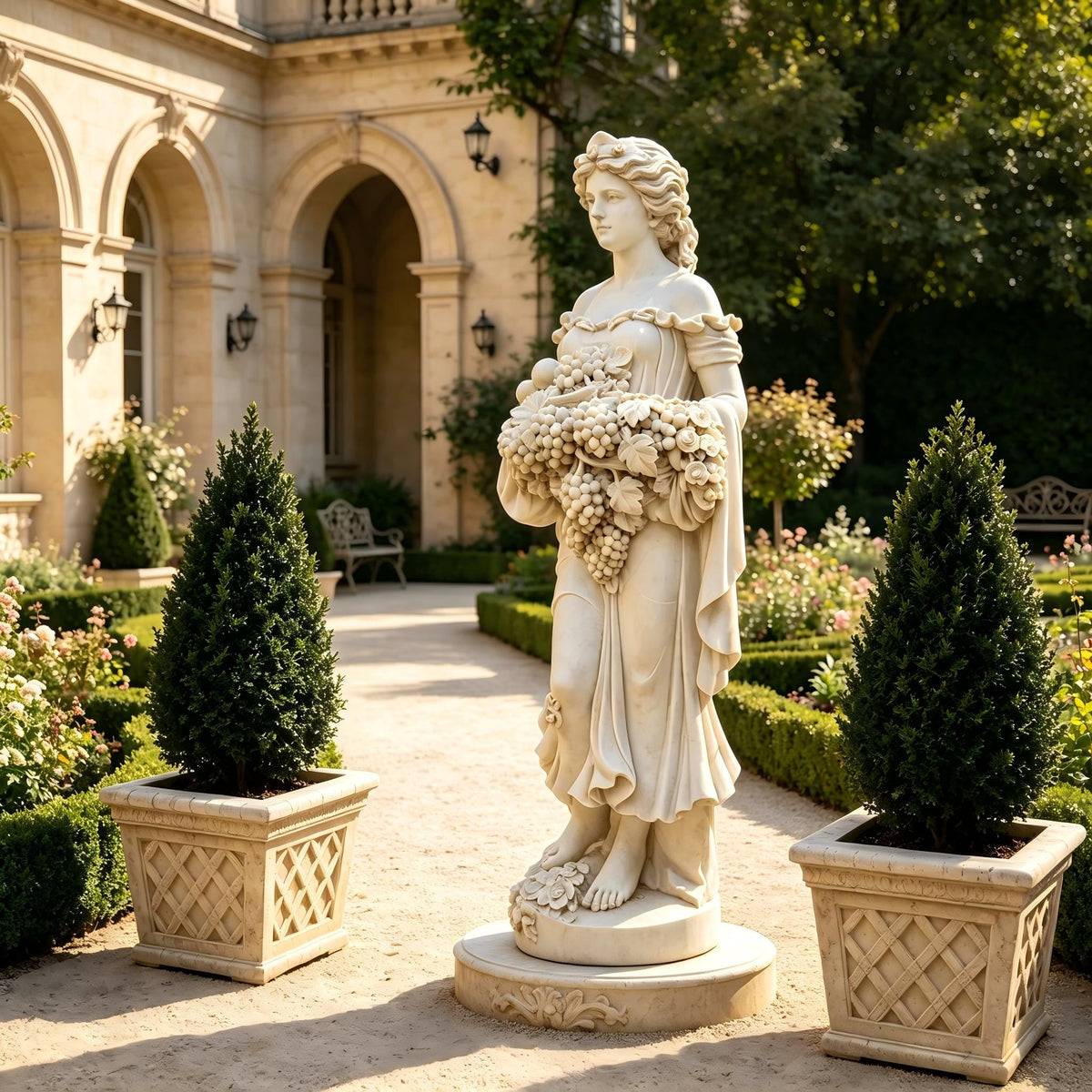 White marble peacock sculpture placed in a luxury garden landscape