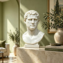 White marble Roman male bust sculpture MM-020 with short curled hair and an integrated base