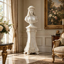 White marble veiled lady bust MM-029 with a floral crown and decorative carved pedestal