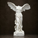 Full front view of a white marble winged statue on a dark background, showcasing its detailed feathers and flowing robe for art decor product display.