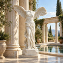 White marble winged Victory statue placed beside Roman columns by a luxury poolside, with blue sky and cypress trees, ideal for high-end outdoor garden and villa landscape decoration.