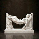 White marble woman in hammock sculpture MM-026 with carved drapery, decorative supports and an integrated base