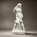 White marble woman with two dogs statue MM-030 featuring flowing hair, classical drapery and a circular base