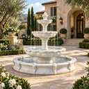 White three-tier stone fountain placed in a luxury villa courtyard with manicured greenery and a stone patio, ideal for high-end outdoor garden and landscape decoration.