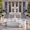 White tiered stone fountain placed in a luxury mansion entrance courtyard, featuring carved shell details and flowing water, ideal for high-end outdoor garden and landscape decoration