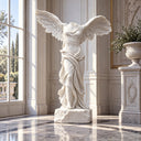 Winged angel white marble statue standing in a colonnade courtyard with arched walkways, suitable for luxury interior hall and outdoor patio art decoration.