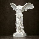 Side view of a white marble winged sculpture on a dark background, highlighting its elegant posture and classical carving details for high-end art reference.